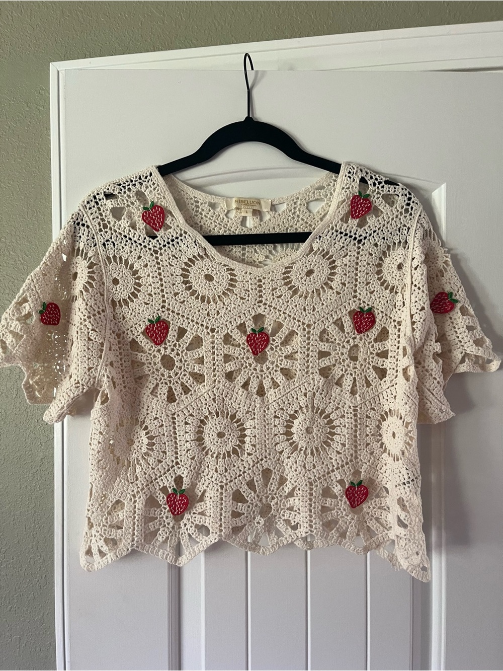 Rebellion Cream Crochet Top with Red Strawberry Details - Size Large